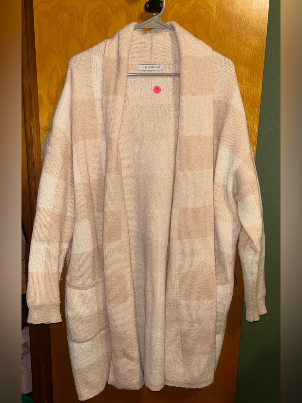 sparrow Blush and Cream Open-Front Plaid Cardigan